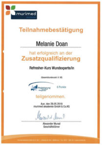 Refresher-Kurs Wundexperte/innen
Unsere Mitarbeiterin Melanie Doan, hat erfolgreich am Refresher-Kurs Wundexperte/in teilgenommen.