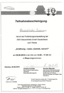 Weiterbildung zum Thema Ernährung
Unsere Mitarbeiterin, Susanne Hasenwinkel, hat die Weiterbildung „Ernährung – wieso, weshalb, warum?“ erfolgreich absolviert.